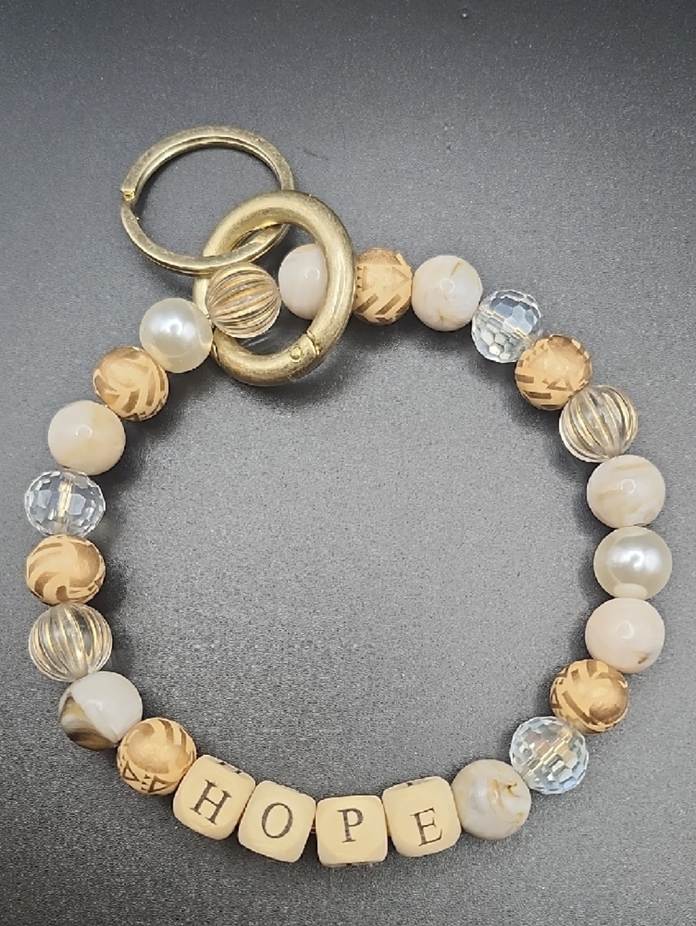 Beaded Wrist Key & Card Holder in Cream and Gold - HOPE Charm - Picture 3 of 5